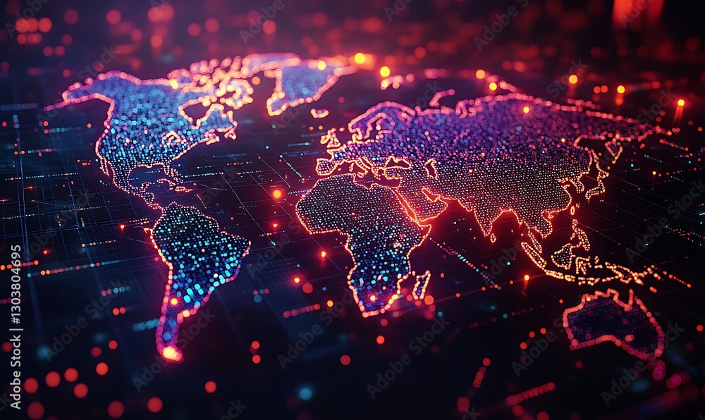 Poster image of a neon-lit abstract representation of global finance networks suitable for stock and commer