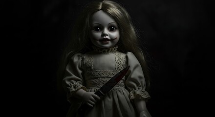 Creepy Doll Holding Bloody Knife in the Dark - Horror Concept