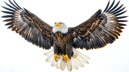 Obraz premium A Majestic Bald Eagle In Powerful Flight, Wings Spread Wide Against A Bright Isolated on Transparent Background Showcasing Its Intricate Feather Detail