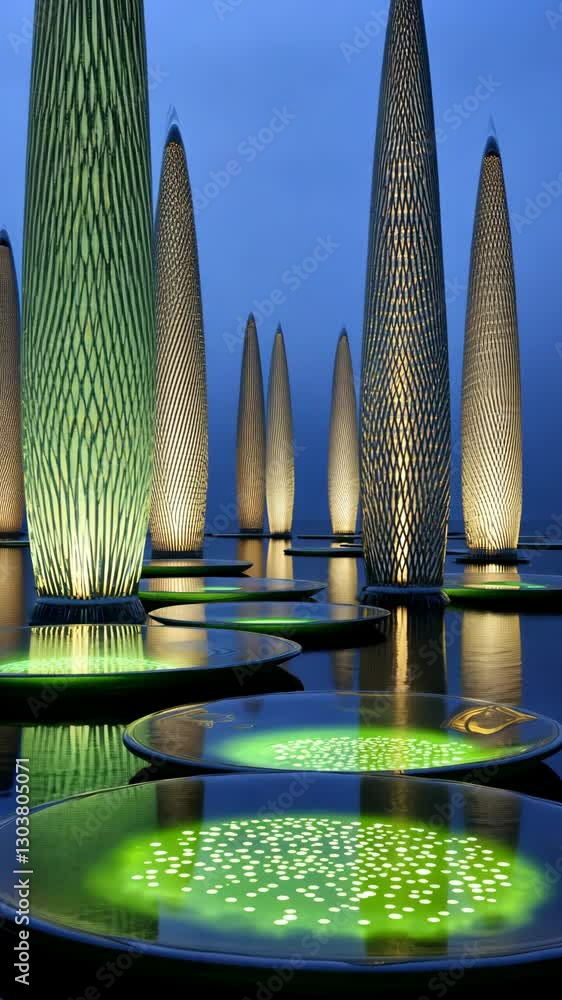 Poster illuminated abstract structures rise above calm waters in a serene twilight setting