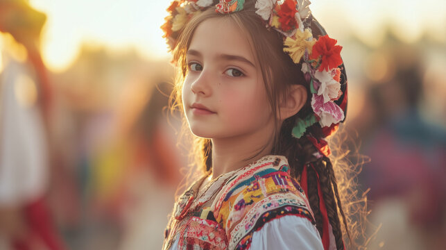 A Girl in Traditional Bulgarian Folk Costume Celebrates Liberation Day Amid a Vibrant Festival Atmosphere of Culture and Heritage