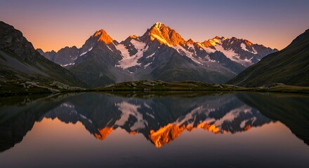 Mountain Reflection on Still Lake at Sunset with Snowy Peaks