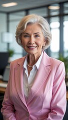 Fototapeta premium Caucasian elderly woman in pink formal suit whole body portrait in office background