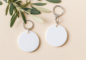 Keychain mockup among olive leaves to display design. Blank white sublimation key chain photo. 
