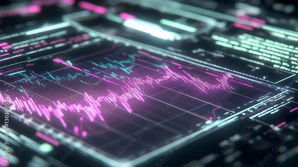 Poster a vibrant neon-lit digital artwork focusing on advanced stock trading concepts.