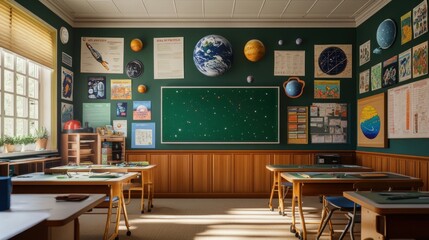 Sunny classroom, space theme, vintage desks, learning