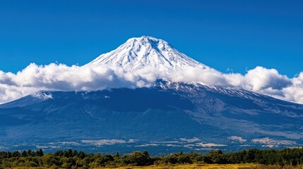 Majestic snow-capped volcano, autumn fields, clear sky, Japan, scenic poster