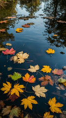 Autumn leaves floating in a forest pond