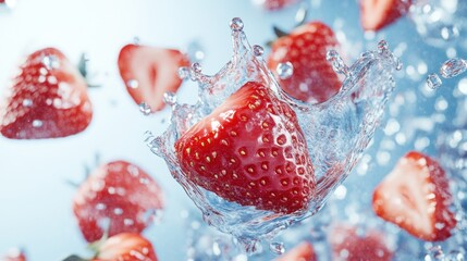 Juicy strawberries splashing in water, vibrant background, refreshing drink ad