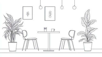 Simple line drawing of a cafe interior with plants and table. Ideal for design inspiration, branding, or educational material