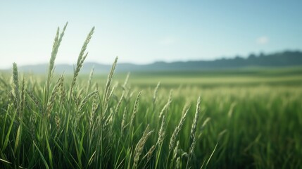 Green grass field sunrise mountain background landscape