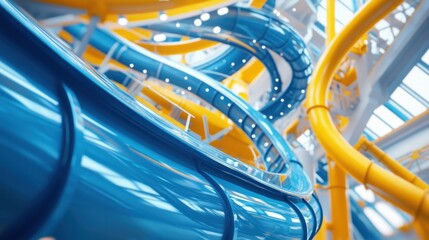 Obraz premium Indoor waterpark blue yellow slides looping fun