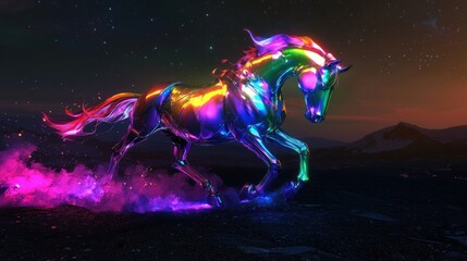 Fototapeta premium Iridescent horse runs, night mountains, colorful smoke, fantasy art