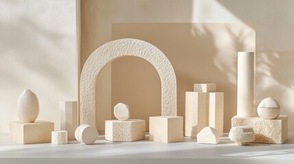 Beige geometric shapes studio backdrop, sunlight, minimal product display