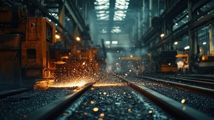 Obraz premium Factory sparks fly during rail welding, industrial production
