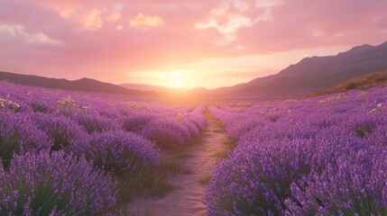 Sunset path through lavender field, mountain backdrop, idyllic scene, travel poster