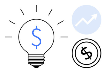 Lightbulb with dollar sign suggesting profitable ideas, upward graph indicating growth, coin representing economic value. Ideal for finance, innovation, investment, money-saving, business planning