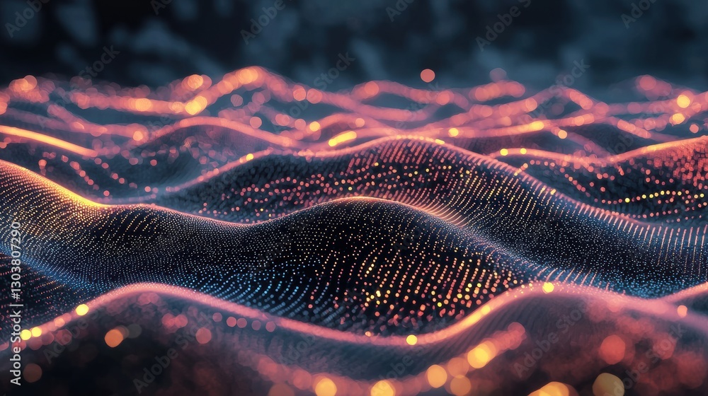 Poster dynamic waves of light in a digital landscape abstract art futuristic environment close-up view