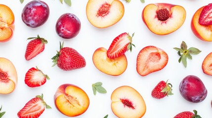 Summer fruit flatlay peaches, plums, strawberries on white