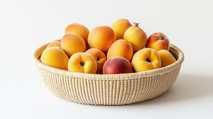 Ripe apricots and peaches in wicker bowl, studio shot, white background, food photography