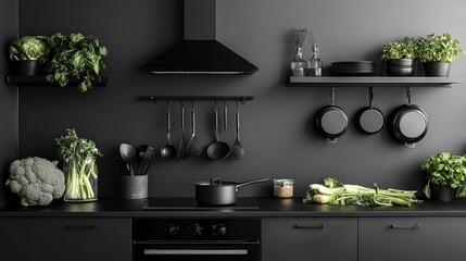 Dark kitchen, cooking prep, herbs, vegetables, minimalist design, cookware, shelves, black interior, food photography, website banner