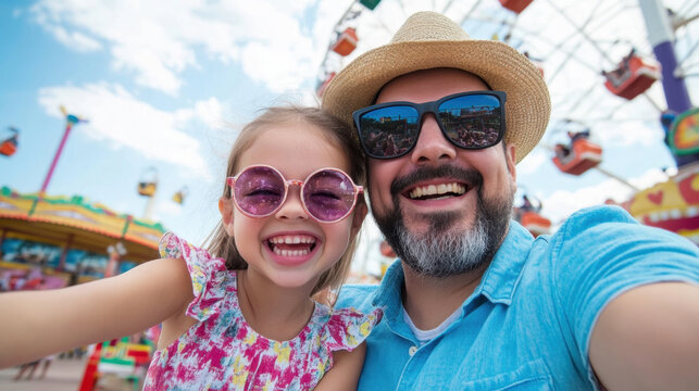 Happy father and daughter taking selfies at funfair, wearing sunglasses