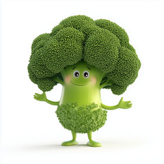 funny cute broccoli 3d character with cute face arms legs hat colorful Generative ai
