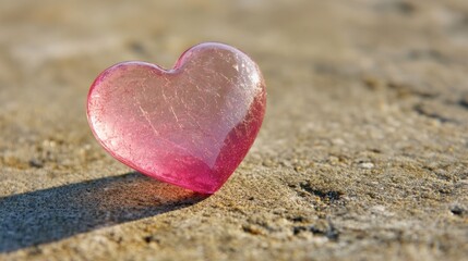 Pink glass heart on beach, sunlight, romance, Valentine's Day