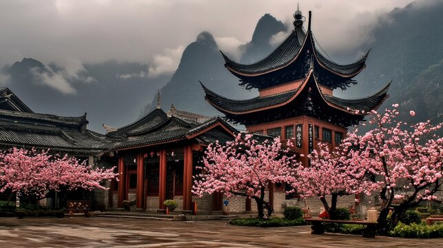 Cherry blossom festival celebration traditional chinese architecture scenic landscape mountain view cultural heritage