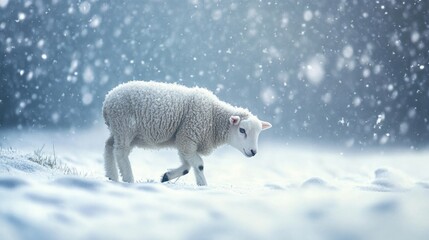 Lamb walking snowy field, winter snowfall, peaceful nature, Christmas card