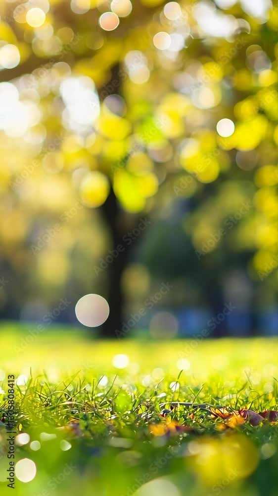 Poster light filters through leaves in a vibrant spring park setting featuring lush grass and blurred bokeh