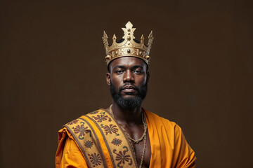 Elegant black man with golden crown showing strength, royalty, and power