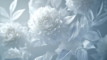 White paper flowers, studio backdrop, delicate design, wedding invitation