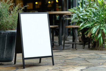 Blank white outdoor advertising stand or sandwich board mockup template. Clear street signage board placed by some pots of plants. Background texture of standee at the entrance of shop or building.
