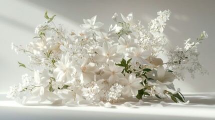Luxurious white floral arrangement, sunlight studio backdrop, wedding decor