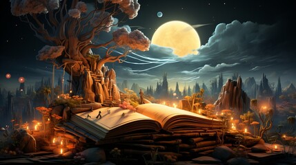 Enchanted 3D Render of a Cartoon Book in a Lush Fantasy Setting