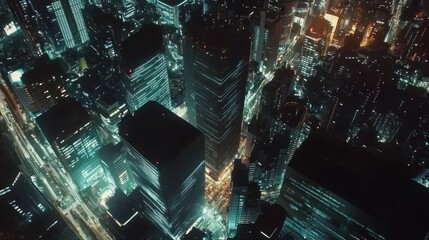 Night city aerial view, skyscrapers glowing, traffic trails, urban sprawl, financial district