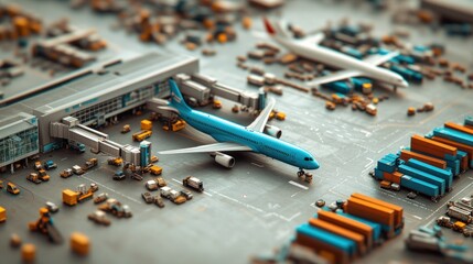 Airplane docking, airport terminal, cargo, logistics, aerial view, miniature model, busy scene, global transport