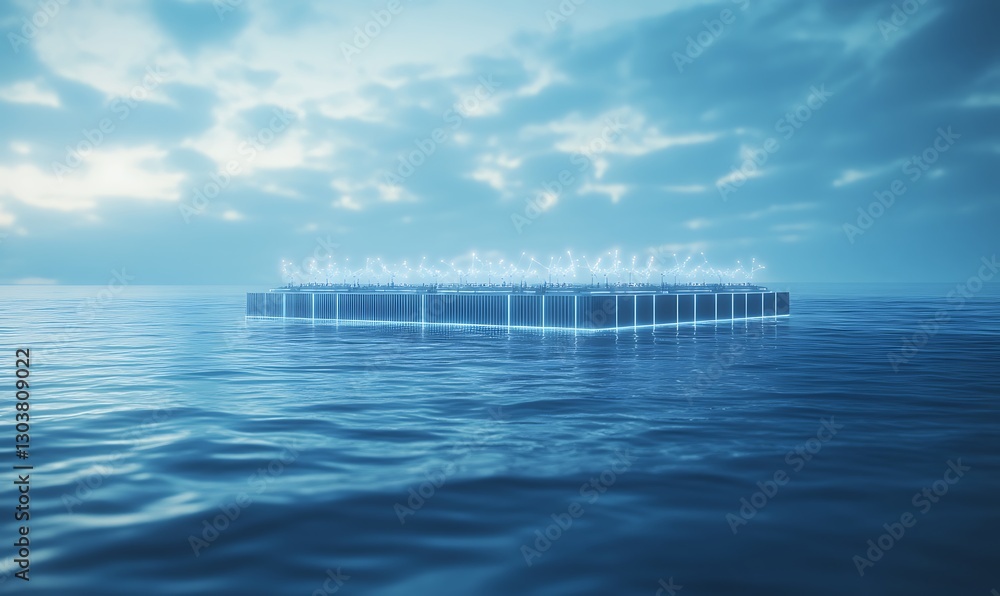 Poster a futuristic concept of an ai-controlled floating energy island designed for sustainable living.