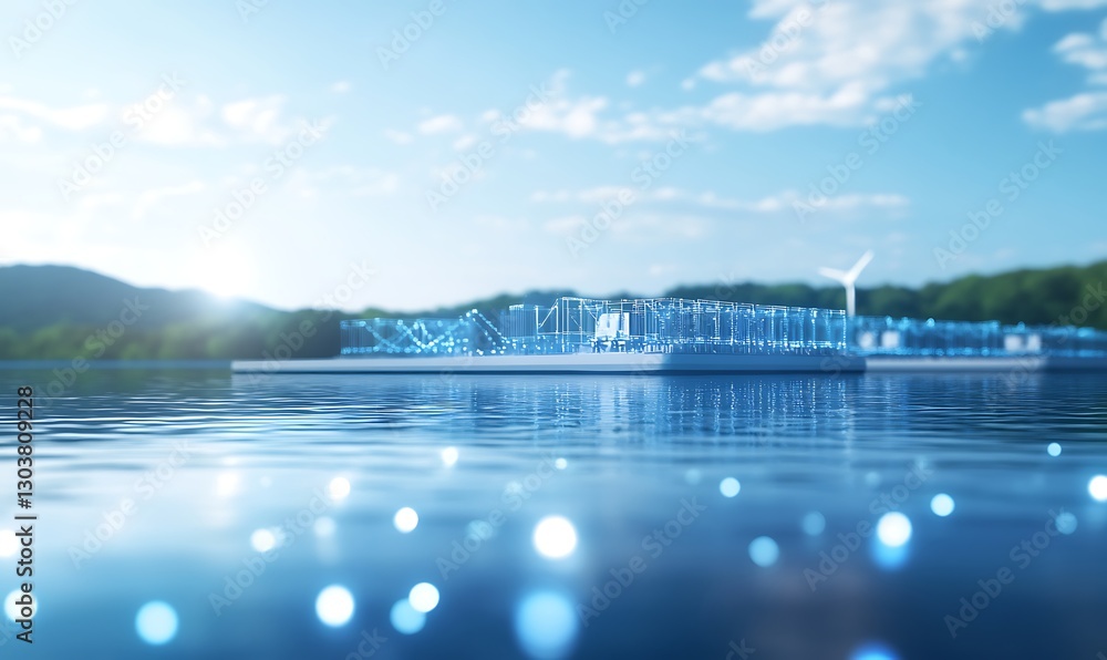 Poster futuristic ai-controlled energy island concept art showcasing innovative design and technology.