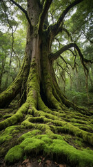 Fototapeta premium Giant tree with exposed roots and soft moss.