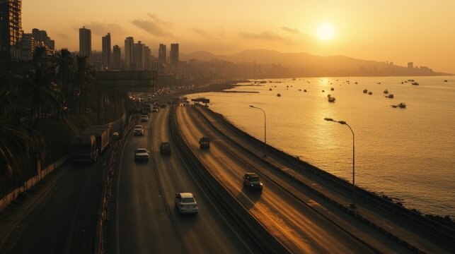 Coastal highway sunset traffic, city skyline