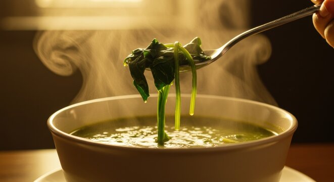 A hand lifting steaming spinage from a bowl of green soup, with soft light illuminating the scene