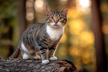 Fototapeta premium Charming tabby cat perched on a log in a forest setting with golden light in the background