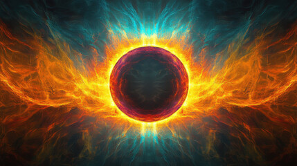 A surreal abstract composition, a glowing eclipse radiating flames, cascading multicolored streams resembling liquid energy