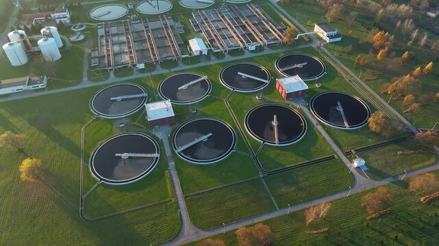 Modern water cleaning facility in urban wastewater treatment plant showcasing advanced purification processes and efficient layout
