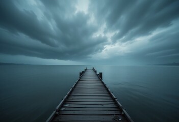 Fototapeta premium Serene Lake Pier Scene. Wooden Pathway Into Still Waters, Beneath Dramatic Cloudscape. Soft Light, Calming Blues, And Greys Evoke Introspection. Nature's Beauty Invites Peaceful Reflection.
