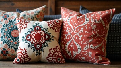 Decorative patterned cushions displayed on a rustic wooden surface
