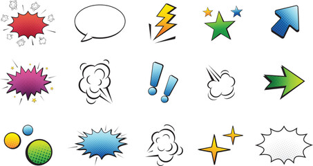 Set of comic effect shape with pop art style. Comic speech bubbles halftone dot background. Comic surprise, attention and lightning effect © Accountanz