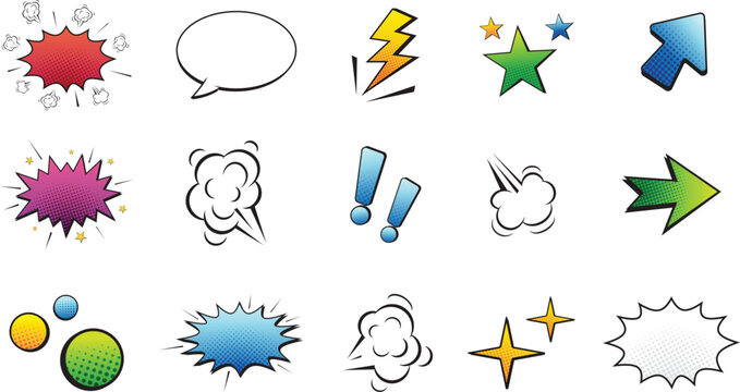 Set of comic effect shape with pop art style. Comic speech bubbles halftone dot background. Comic surprise, attention and lightning effect
